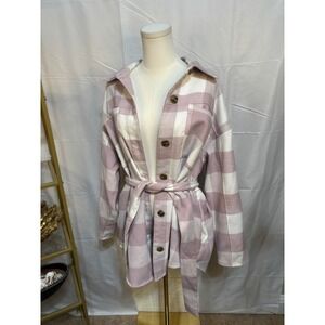 A New Day Womens XL Pink White Buffalo Plaid Belted Shacket Shirt Jacket